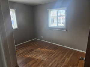 Empty room featuring dark wood-style floors and healthy amount of natural light