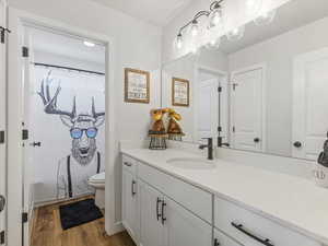 Bathroom featuring vanity, curtained shower, and light wood-type flooring