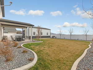 Fenced backyard with a patio