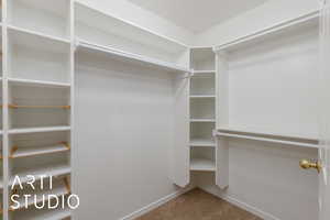Master Bedroom Walk in closet with light carpet