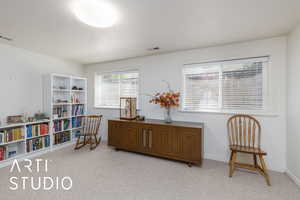 Family room, south end with light colored carpet and baseboards