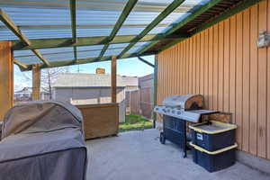 Fenced backyard featuring grilling area, a patio area, and a storage unit