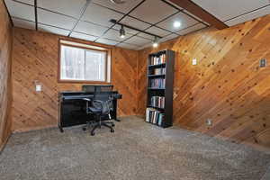 Carpeted home office featuring rail lighting and wood walls