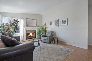 Living room featuring lofted ceiling, a fireplace, and wood finished floors