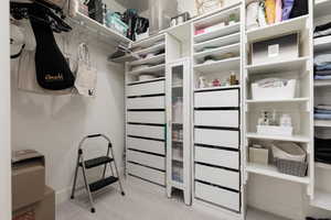 Walk in closet featuring light colored carpet