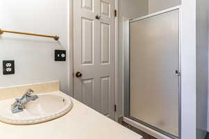 Bathroom with a shower stall and vanity