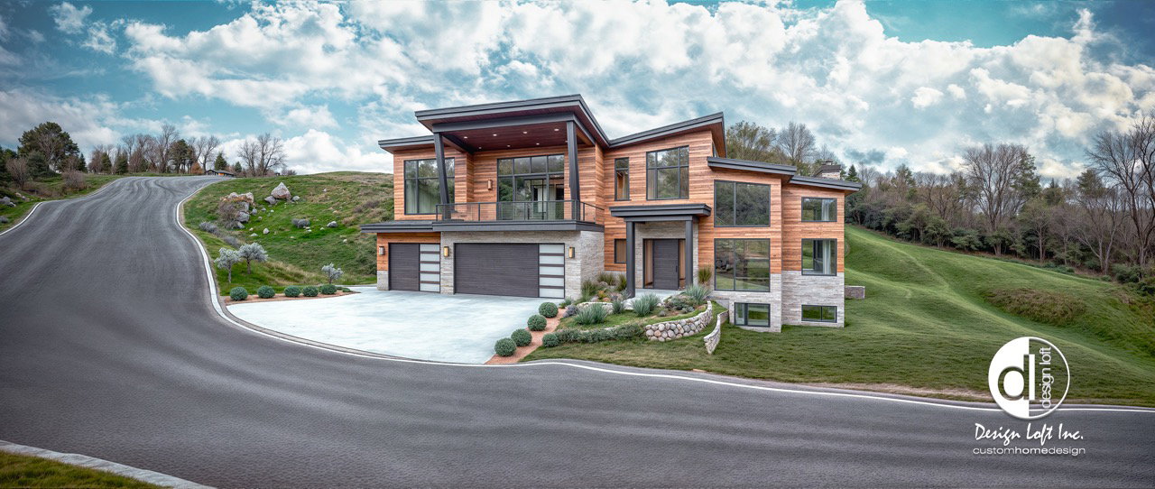 Contemporary home featuring a balcony, stone siding, an attached garage, driveway, and a front yard