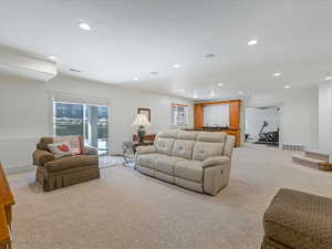 Recreation room with light carpet and recessed lighting