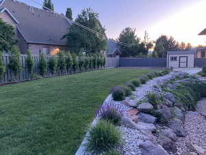 Summer backyard at dusk with a fenced backyard and a storage unit