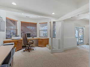 Office area with light colored carpet, recessed lighting, and beam ceiling