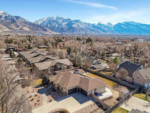 Aerial perspective of suburban area featuring a mountain backdrop