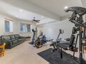 Workout room with carpet floors, recessed lighting, and ceiling fan