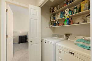 Laundry area featuring light carpet and washing machine and clothes dryer