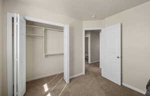 Unfurnished bedroom with light colored carpet and a closet