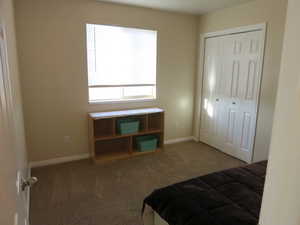 Bedroom featuring carpet and a closet