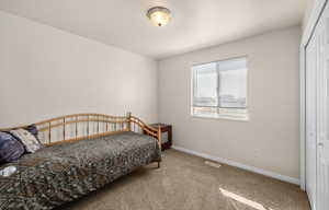 Bedroom featuring light carpet and a closet