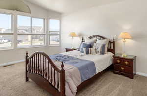 Master Bedroom, carpeted bedroom featuring baseboards and lofted ceiling
