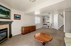 Family Room with built-in book shelves