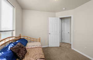 Bedroom featuring carpet flooring and baseboards