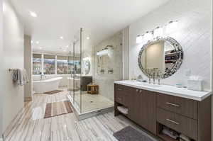 Full bath featuring vanity, a shower stall, a freestanding bath, and recessed lighting