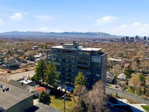 Aerial view of residential area with mountains