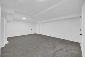 Finished basement with dark carpet and baseboards