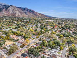 Aerial view of residential area with mountains
