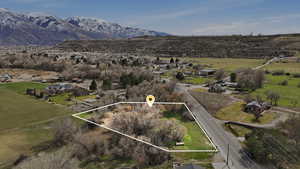 Aerial perspective of suburban area with property boundaries highlighted and a mountain backdrop