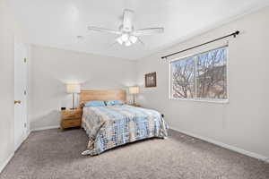 Bedroom – Comfortable bedroom with soft carpeting, ceiling fan, and a large window that brings in natural light and neighborhood views.