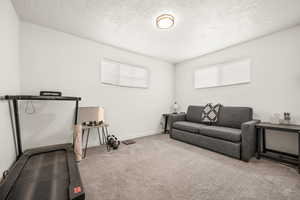Exercise area featuring carpet and a textured ceiling