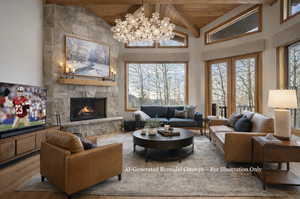 Living area with a fireplace, a high wood beamed ceiling, suspended lighting, wood finished floors, and french doors