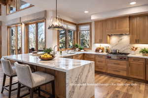Kitchen featuring wood finish cabinets, light stone countertops, a peninsula, and light wood-type flooring