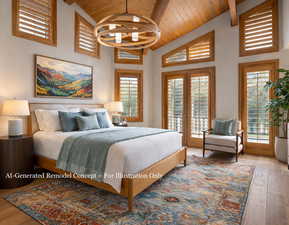 Bedroom featuring light wood-type flooring, french doors, a high wooden beamed ceiling, hanging lights, and access to outside