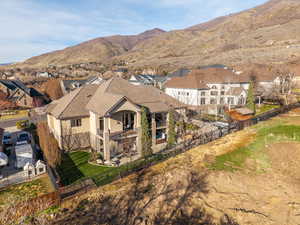 Aerial view of residential area with mountains