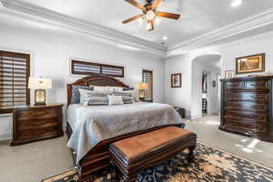 Bedroom with light colored carpet, arched walkways, a ceiling fan, a spacious closet, and crown molding