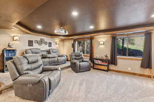 Carpeted cinema featuring a textured ceiling, recessed lighting, and a tray ceiling