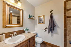 Full bath featuring vanity and dark wood-style floors