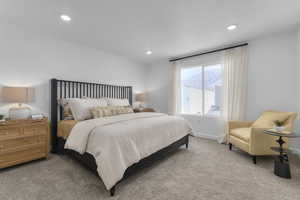 Bedroom with carpet floors and recessed lighting
