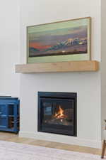 Detailed view of a glass covered fireplace and wood finished floors
