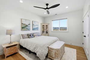 Bedroom with light wood-type flooring, ceiling fan, recessed lighting, and a closet