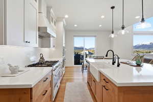 Dual tone kitchen with stainless steel appliances, a spacious island, two tone cabinets, a mountain view, and light wood finished floors