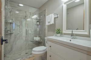 Bathroom with vanity, a textured ceiling, and a marble finish shower