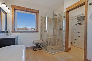 Full bath featuring vanity, light wood finished floors, a freestanding bath, a marble finish shower, and a walk in closet