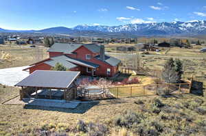 Aerial view of residential area with a mountain backdrop