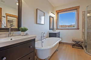 Bathroom with vanity, light wood finished floors, a freestanding bath, and a marble finish shower