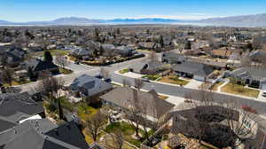 Aerial view of residential area with mountains