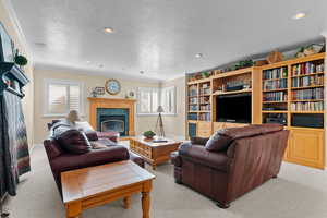 Living room featuring light carpet, ornamental molding, a premium fireplace, a textured ceiling, and recessed lighting