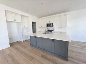 Two tone kitchen featuring two tone cabinetry, light wood finished floors, stainless steel appliances, decorative backsplash, and a kitchen island with sink