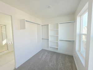 Walk in closet with light colored carpet