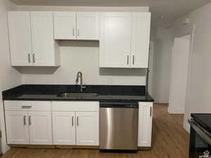 Kitchen featuring white cabinetry, dishwasher, dark stone counters, and dark wood-type flooring